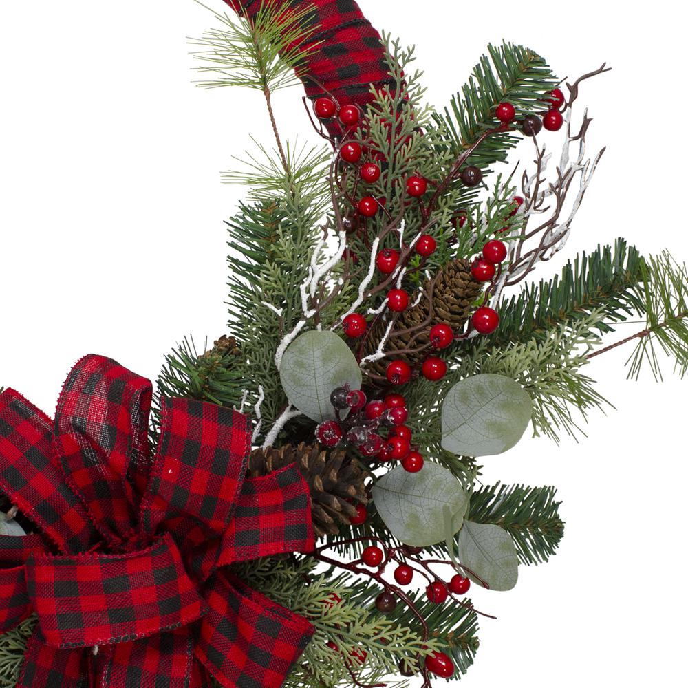 Red and Black Buffalo Plaid and Berry Artificial Christmas Wreath - 24-Inch  Unlit. Picture 3