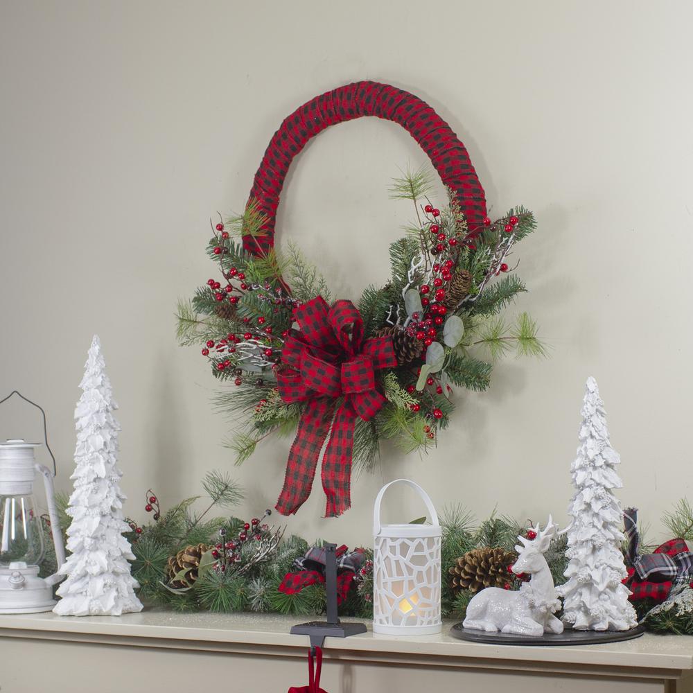 Red and Black Buffalo Plaid and Berry Artificial Christmas Wreath - 24-Inch  Unlit. Picture 2