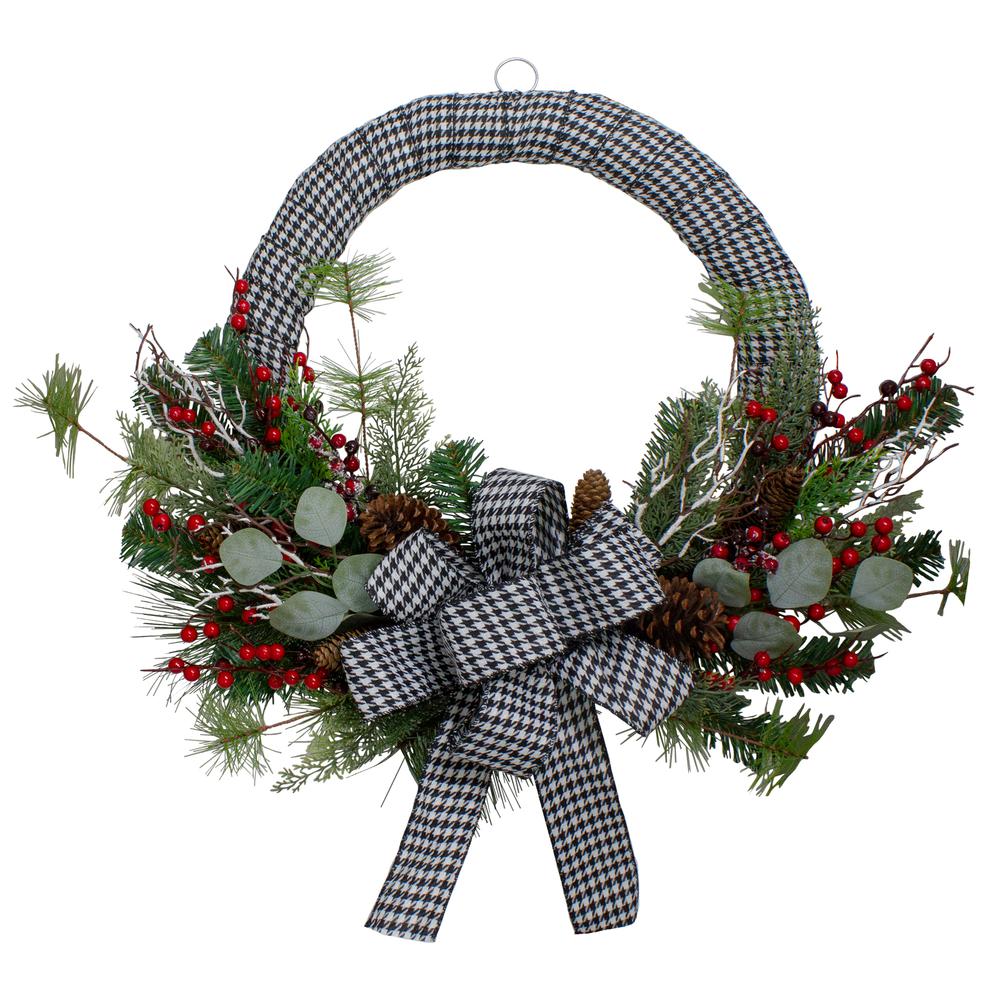 Black/White Houndstooth and Berry Artificial Christmas Wreath - 24-Inch  Unlit. Picture 1