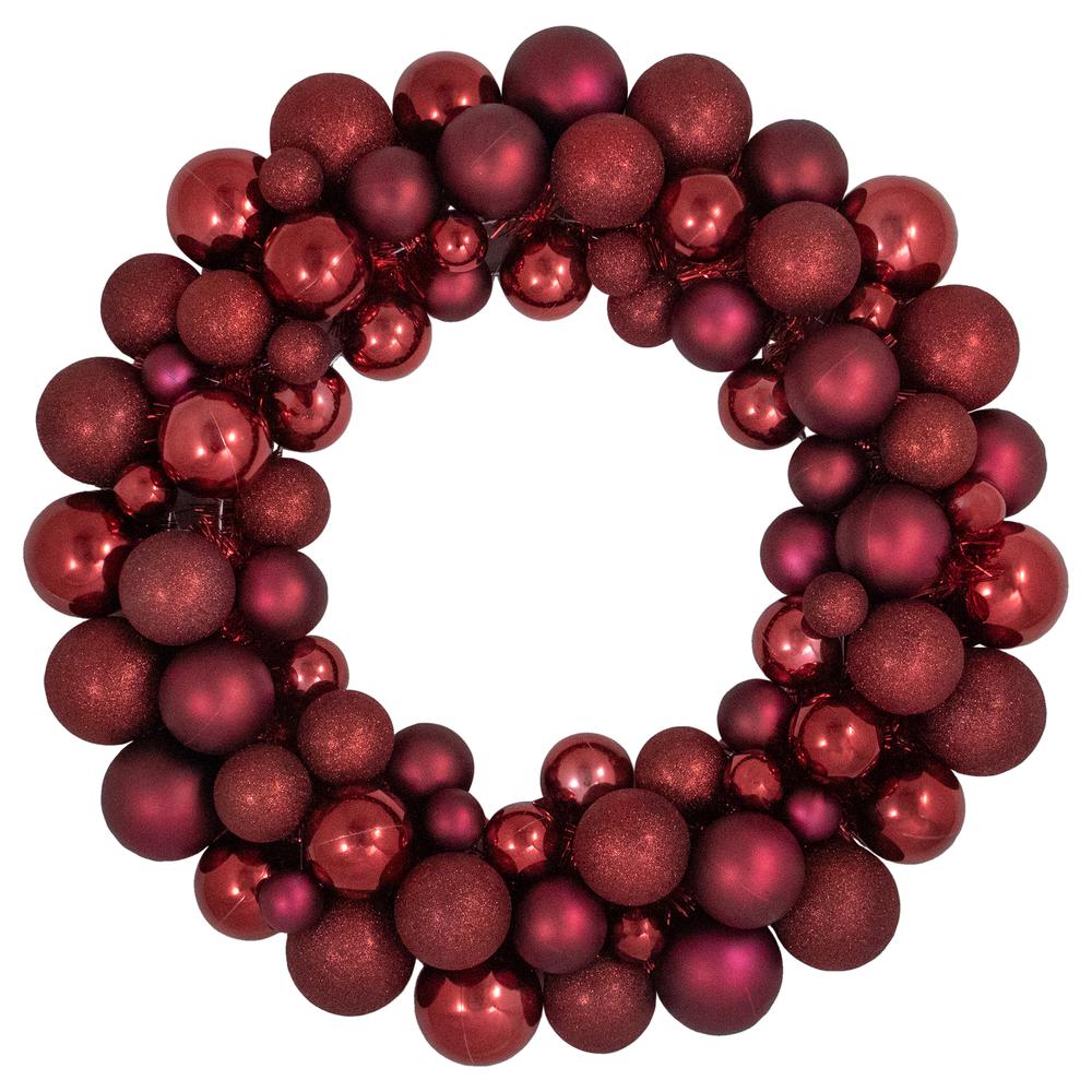 Burgundy 3-Finish Shatterproof Ball Christmas Wreath - 24"  Unlit. Picture 1