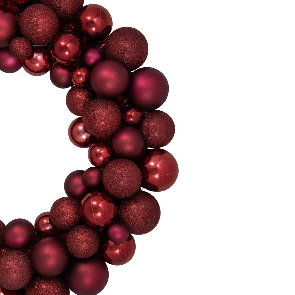 Burgundy 3-Finish Shatterproof Ball Christmas Wreath - 24"  Unlit. Picture 3