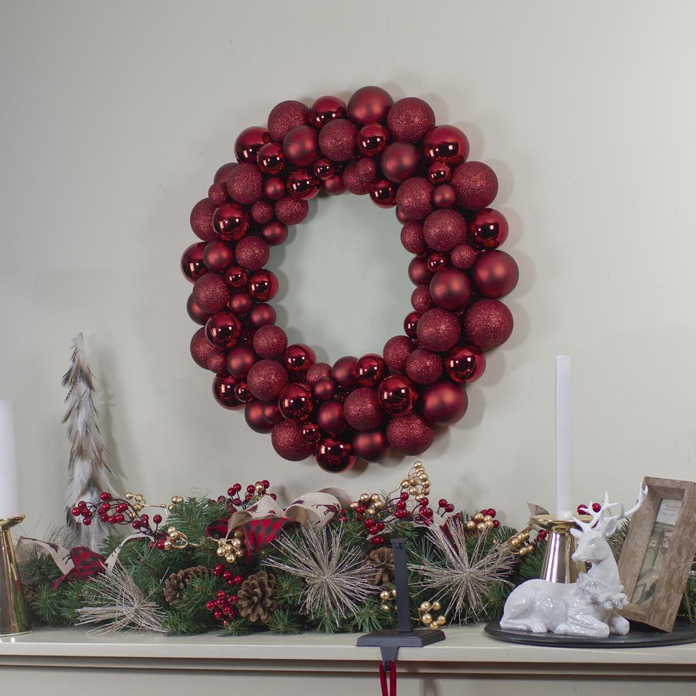 Burgundy 3-Finish Shatterproof Ball Christmas Wreath - 24"  Unlit. Picture 2