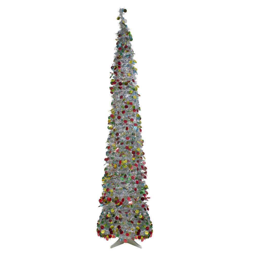 6' Pre-Lit Silver Tinsel Pop-Up Artificial Christmas Tree - Warm White LED Lights. Picture 1