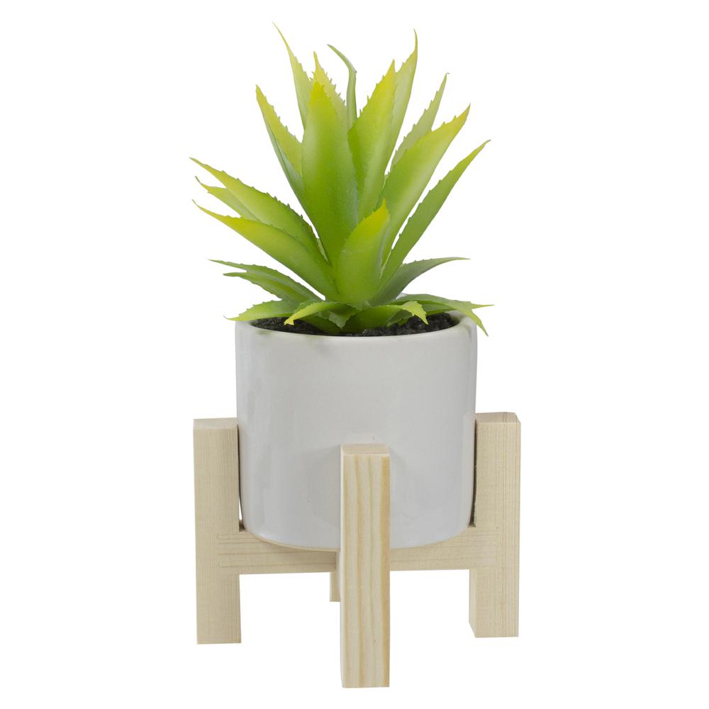 8.25" Potted Green Artificial Agave Plant with Wooden Stand. Picture 1