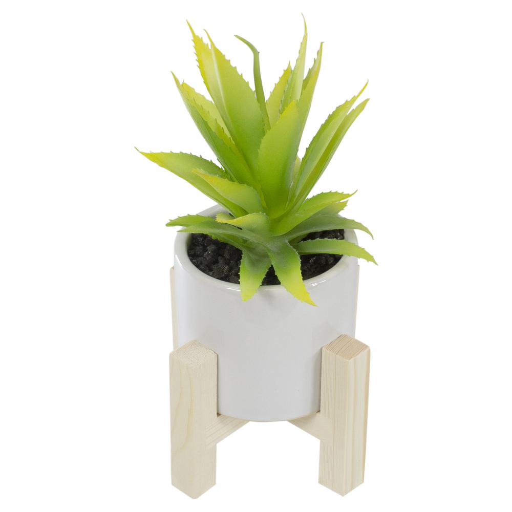8.25" Potted Green Artificial Agave Plant with Wooden Stand. Picture 5