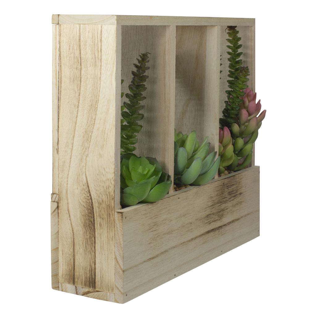 11" Artificial Mixed Succulent Arrangement in a Wooden Planter Box. Picture 3
