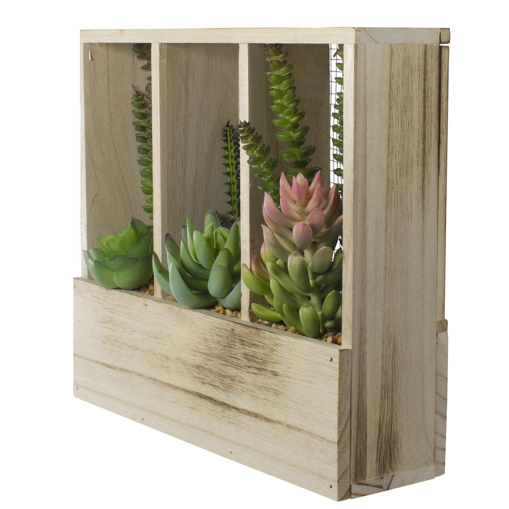 11" Artificial Mixed Succulent Arrangement in a Wooden Planter Box. Picture 5