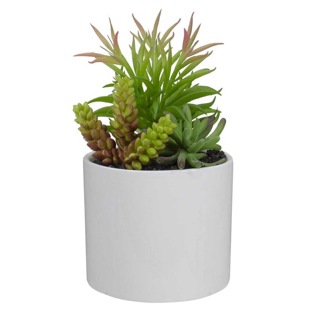 9" Artificial Succulent Arrangement in White Ceramic Pot. Picture 1