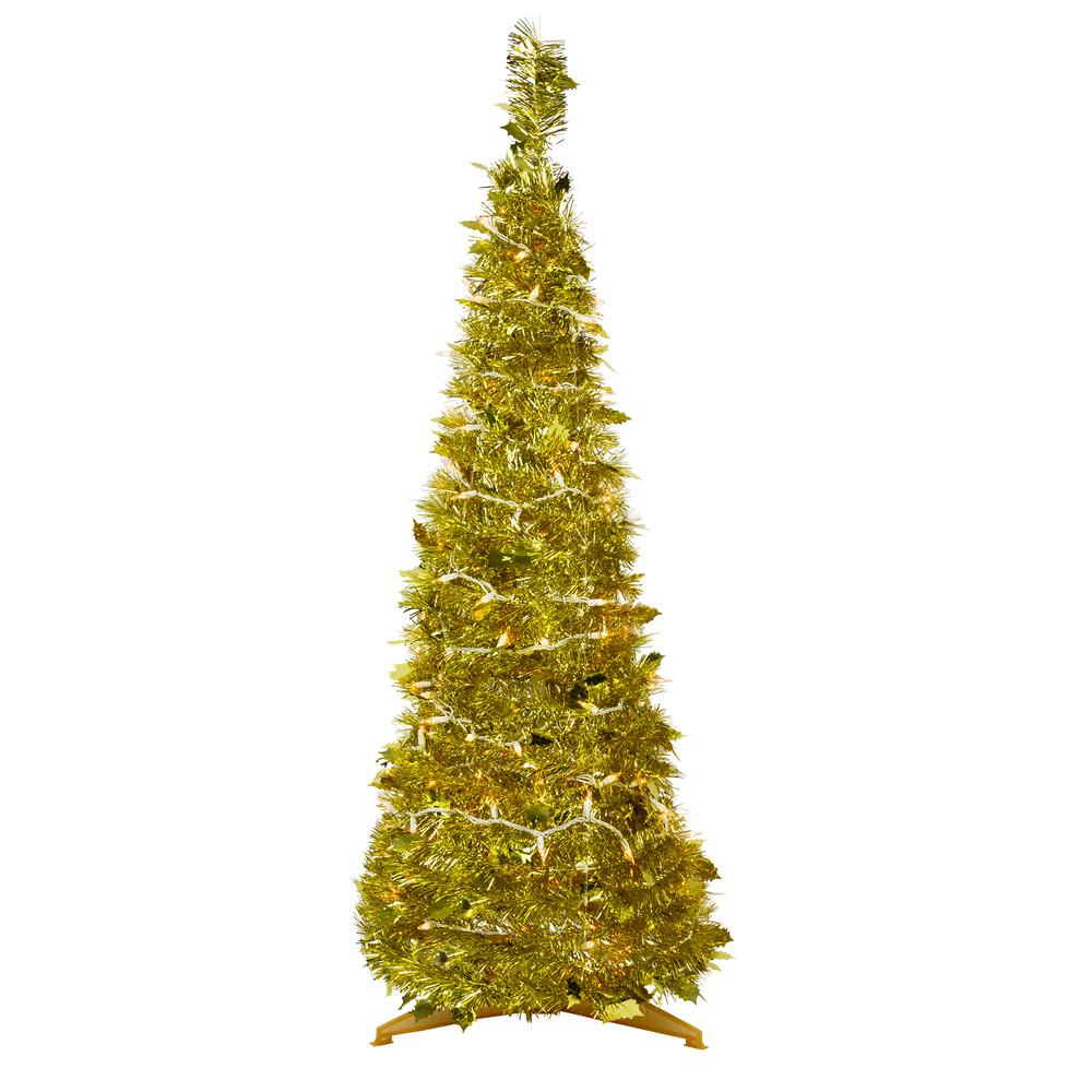 4' Pre-Lit Gold Tinsel Pop-Up Artificial Christmas Tree  Clear Lights. Picture 1