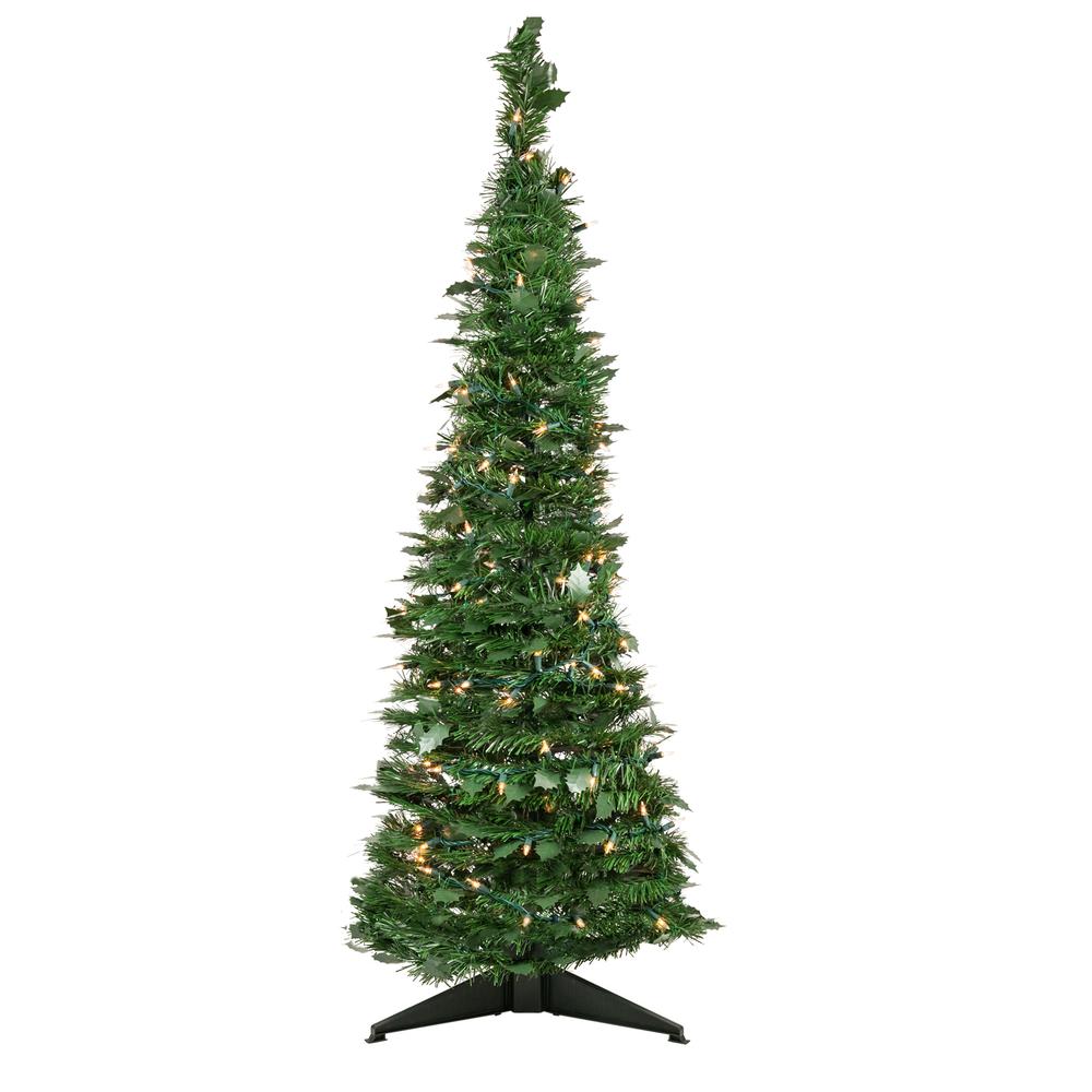 4' Pre-Lit Green Tinsel Pop-Up Artificial Christmas Tree  Clear Lights. Picture 1