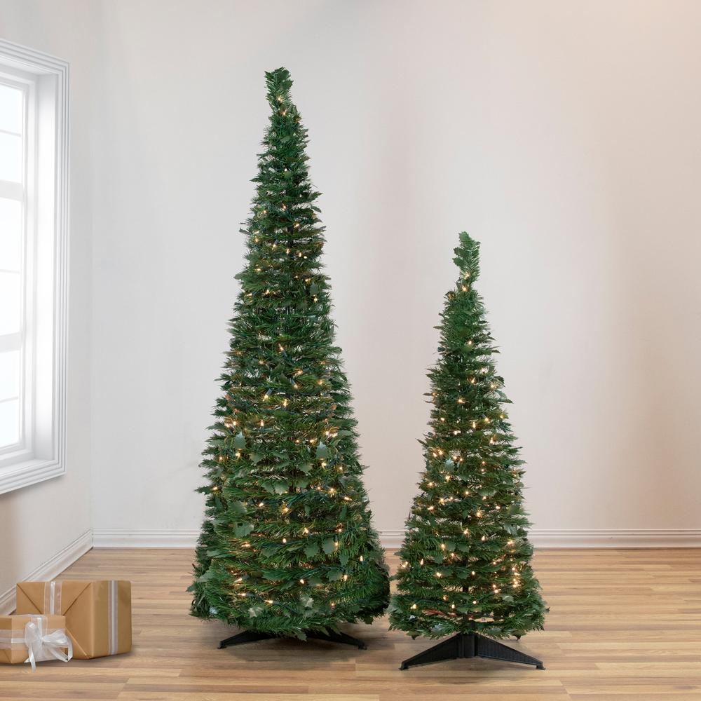 4' Pre-Lit Green Tinsel Pop-Up Artificial Christmas Tree  Clear Lights. Picture 2