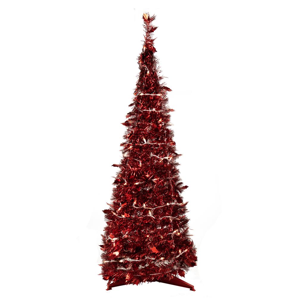 6' Pre-Lit Red Tinsel Pop-Up Artificial Christmas Tree - Clear Lights. Picture 1