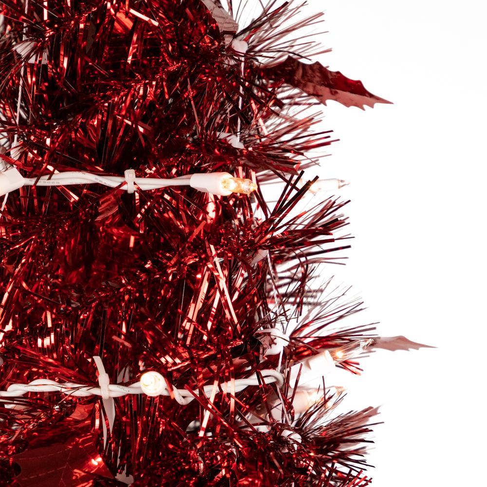 4' Pre-Lit Red Tinsel Pop-Up Artificial Christmas Tree  Clear Lights. Picture 3