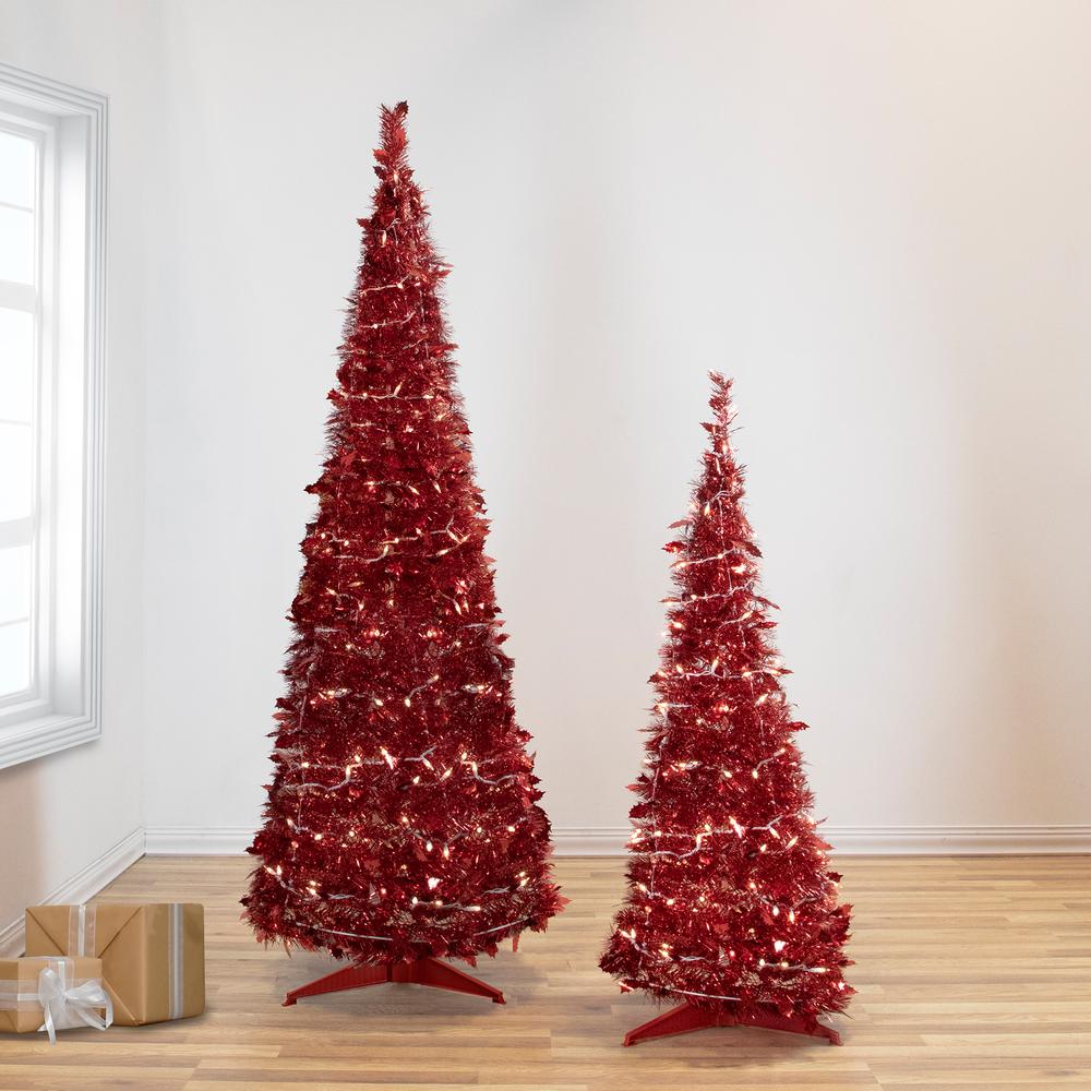 6' Pre-Lit Red Tinsel Pop-Up Artificial Christmas Tree - Clear Lights. Picture 2