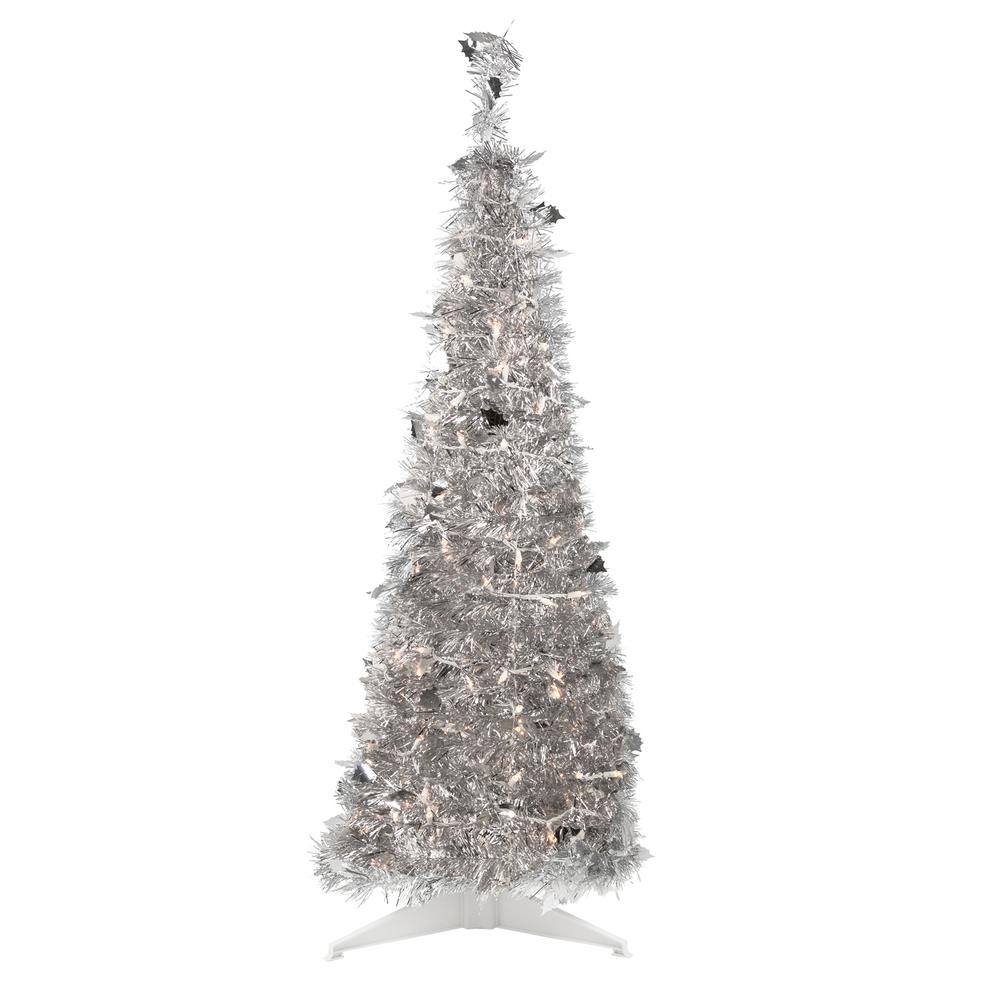 4' Pre-Lit Silver Tinsel Pop-Up Artificial Christmas Tree  Clear Lights. The main picture.