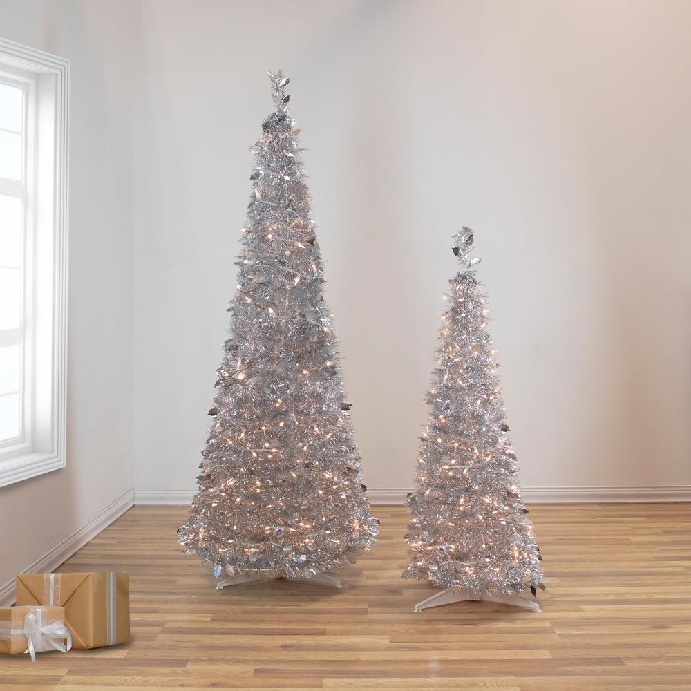 4' Pre-Lit Silver Tinsel Pop-Up Artificial Christmas Tree  Clear Lights. Picture 2