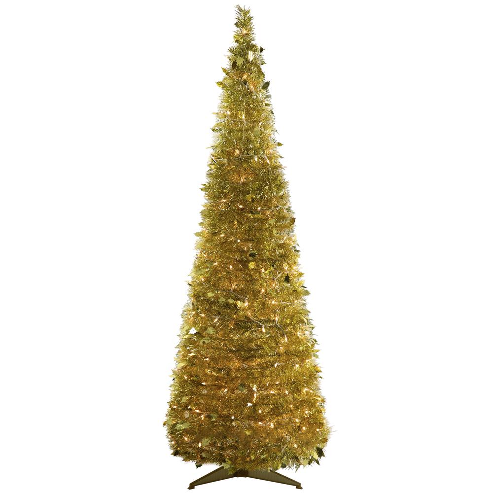 6' Pre-Lit Gold Tinsel Pop-Up Artificial Christmas Tree  Clear Lights. Picture 1