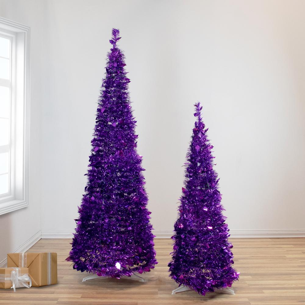 6' Purple Tinsel Pop-Up Artificial Christmas Tree  Unlit. Picture 2