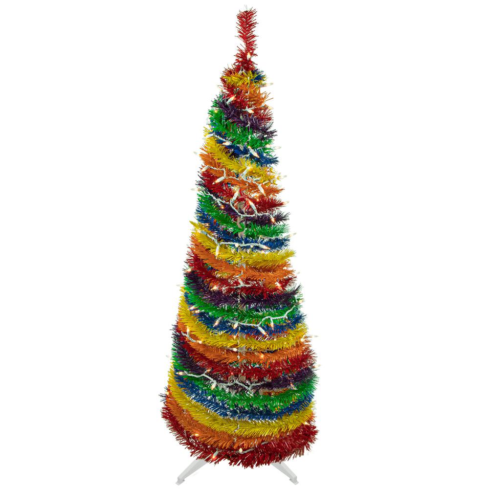 4' Pre-Lit Rainbow Tinsel Pop-Up Artificial Christmas Tree  Clear Lights. Picture 1