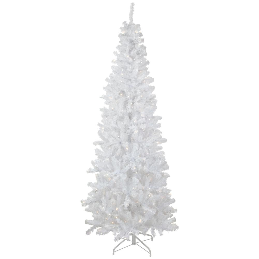 7.5' White Georgian Pine Pencil Artificial Christmas Tree Warm White LED Lights. Picture 1