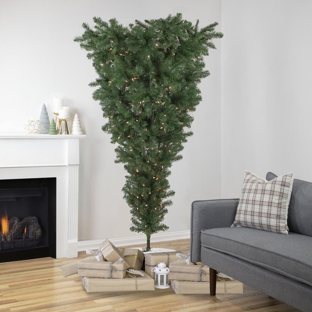 7.5' Pre-Lit Green Upside Down Spruce Artificial Christmas Tree  Clear Lights. Picture 2