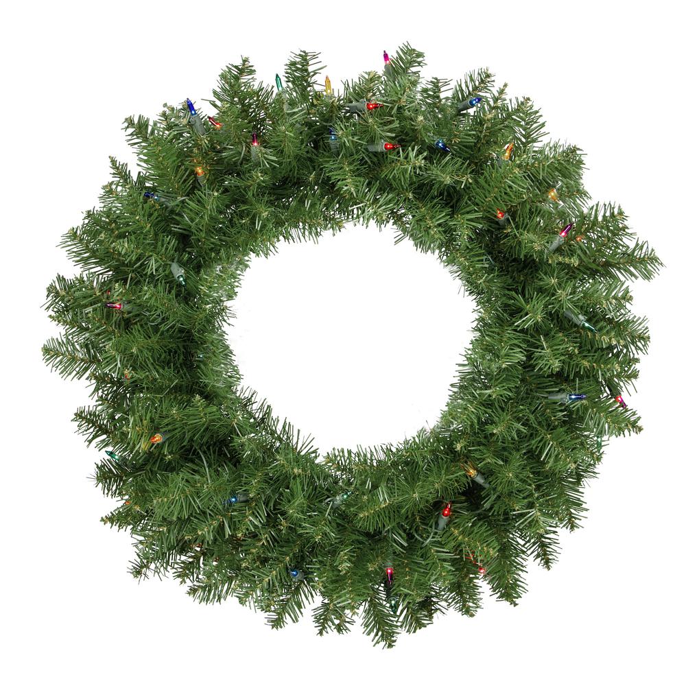 Pre-Lit Rockwood Pine Artificial Christmas Wreath  24-Inch  Multi Lights. Picture 1