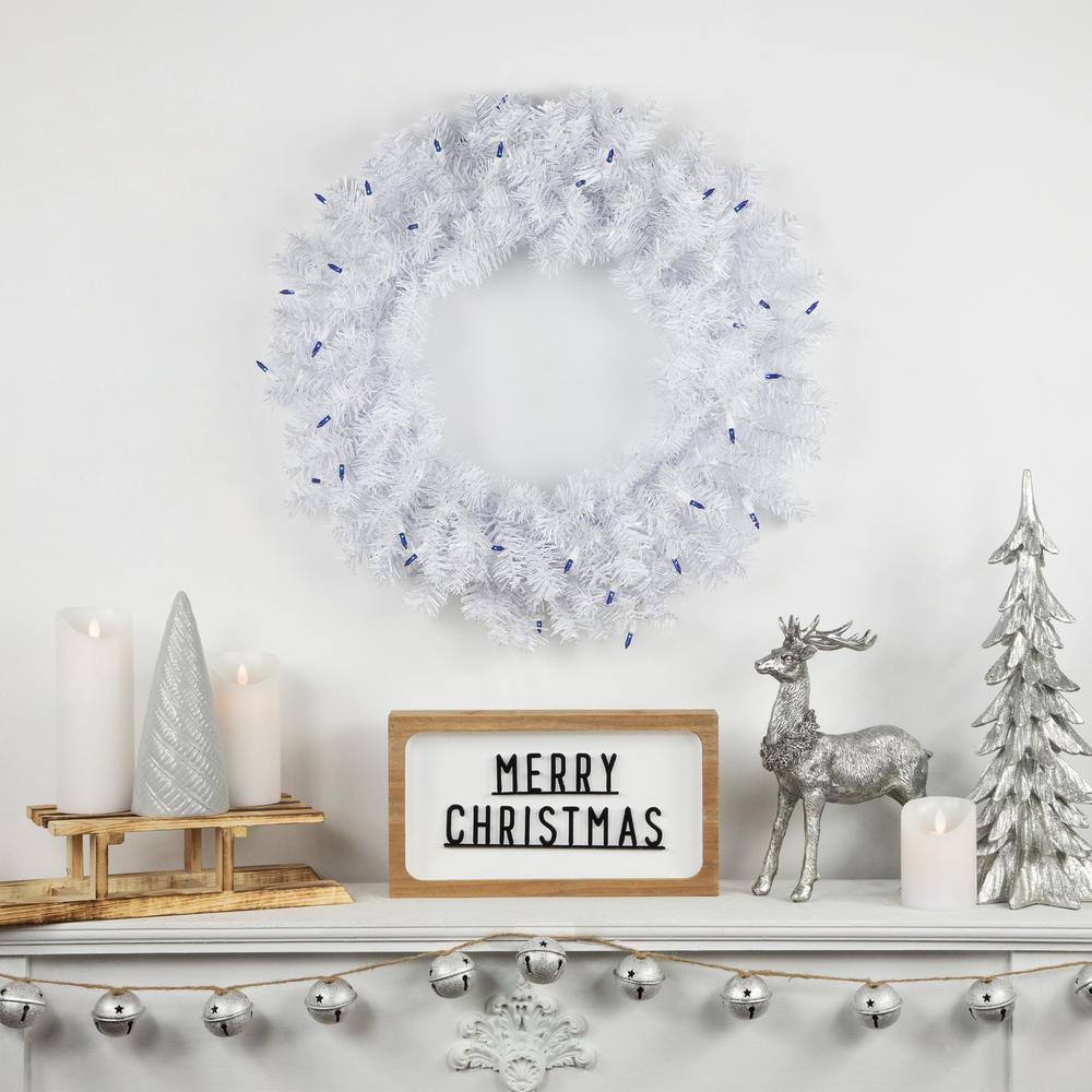 Pre-Lit Woodbury White Pine Artificial Christmas Wreath  24-Inch  Blue Lights. Picture 2