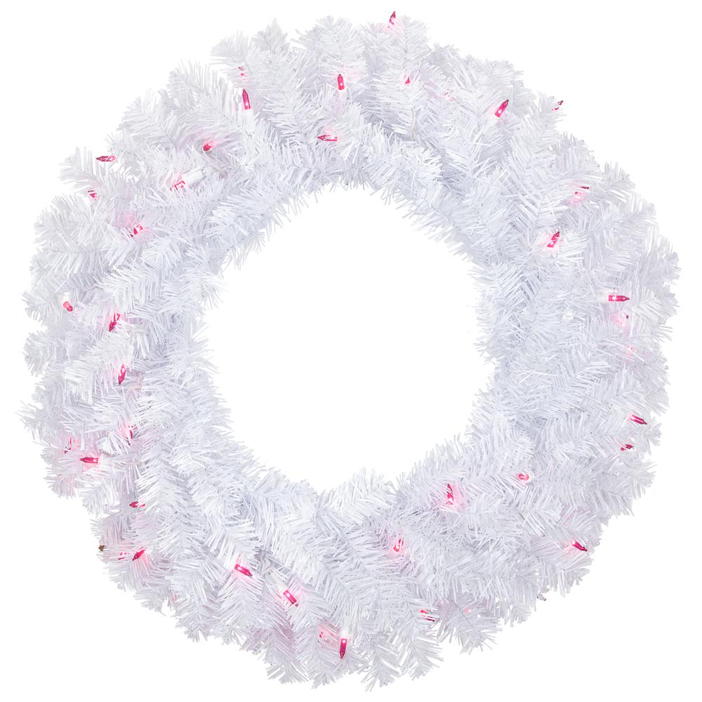 Pre-Lit Woodbury White Pine Artificial Christmas Wreath  24-Inch  Pink Lights. Picture 1