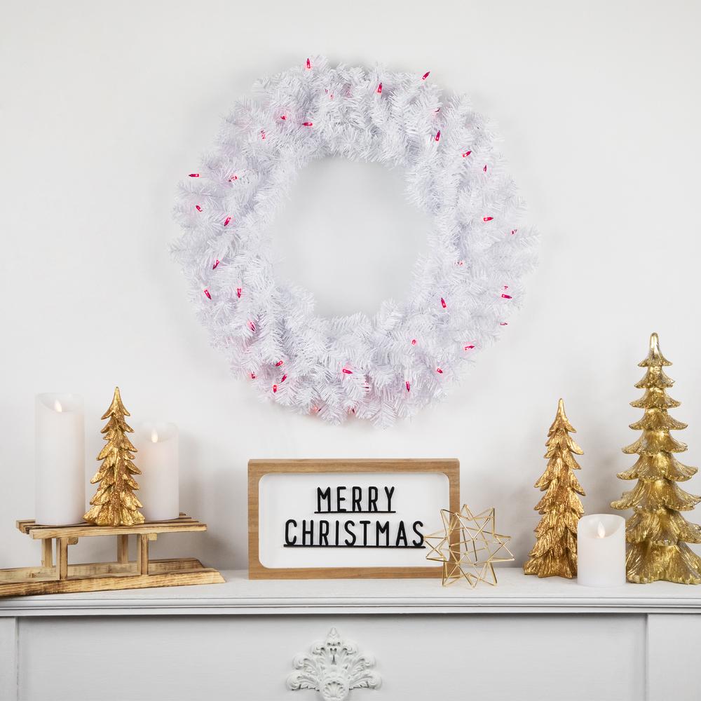 Pre-Lit Woodbury White Pine Artificial Christmas Wreath  24-Inch  Pink Lights. Picture 2