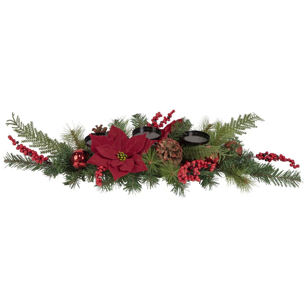 32" Artificial Mixed Pine  Berries and Poinsettia Christmas Candle Holder Centerpiece. Picture 1