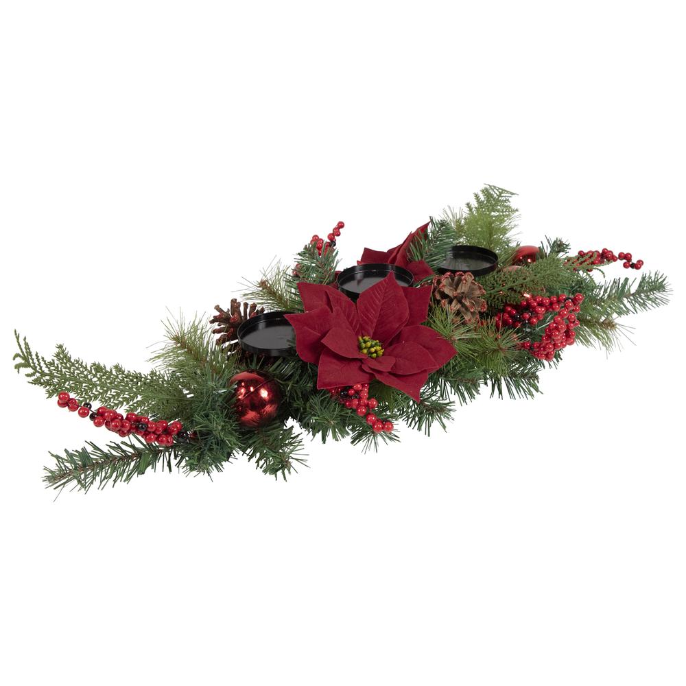 32" Artificial Mixed Pine  Berries and Poinsettia Christmas Candle Holder Centerpiece. Picture 4