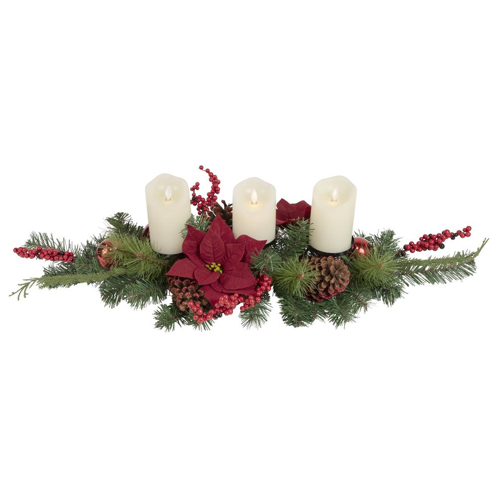 32" Artificial Mixed Pine  Berries and Poinsettia Christmas Candle Holder Centerpiece. Picture 3