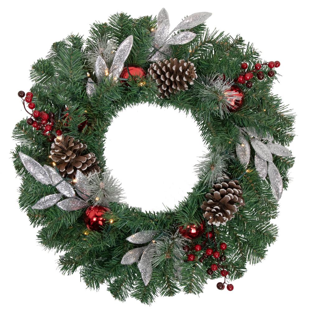 24" Pre-Lit Decorated Frosted Pine Cone and Berries Artificial Christmas Wreath. Picture 1