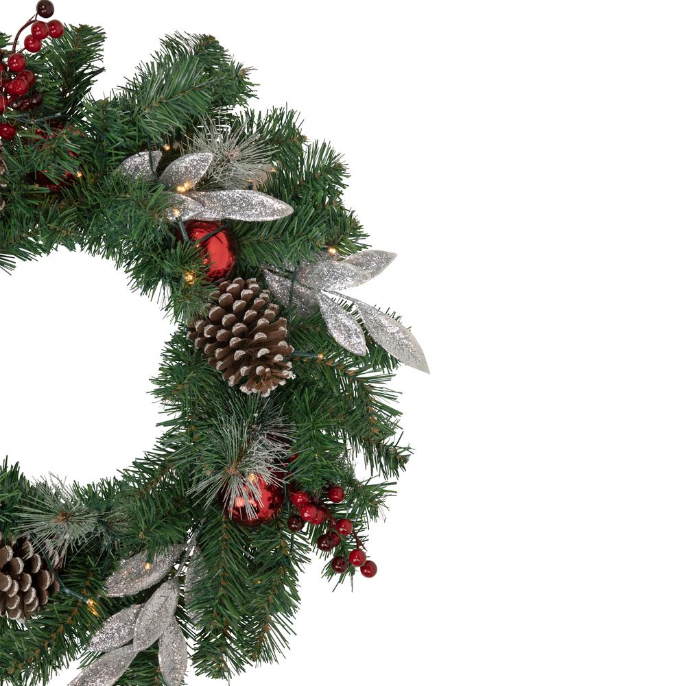 24" Pre-Lit Decorated Frosted Pine Cone and Berries Artificial Christmas Wreath. Picture 4