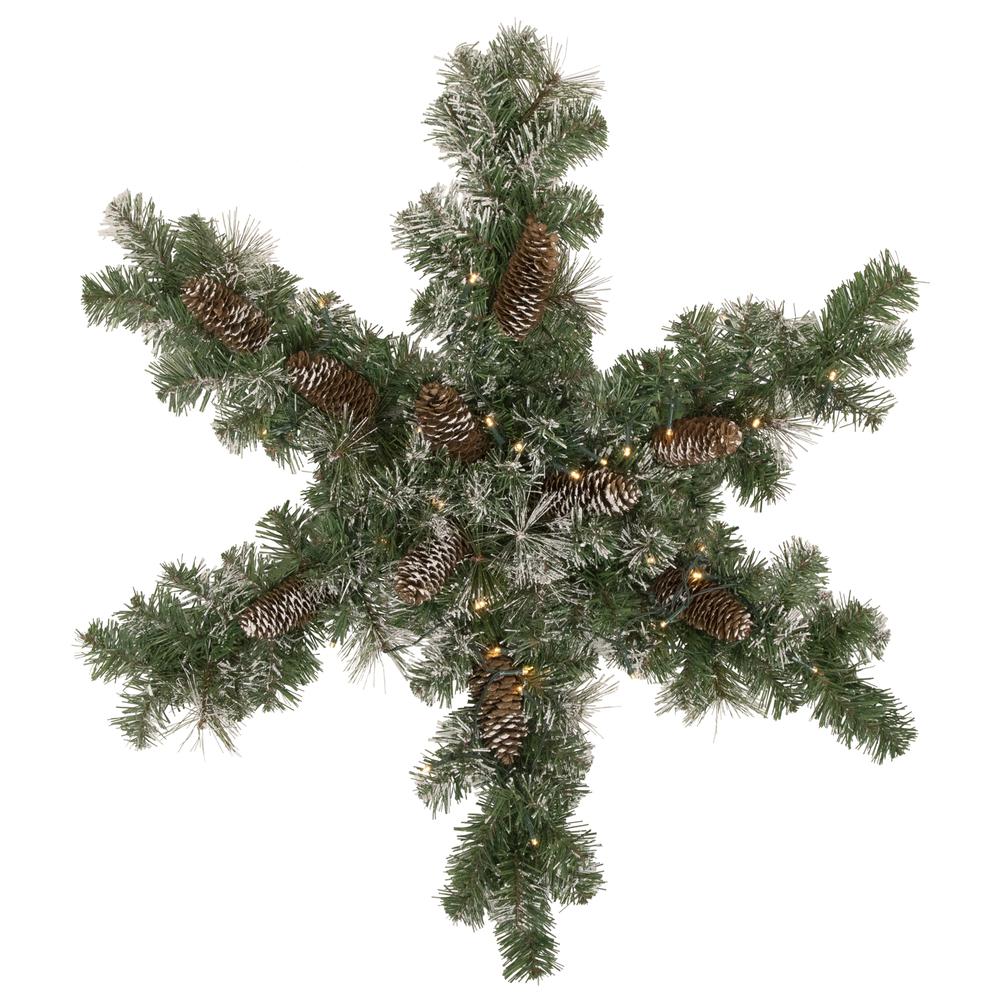 32" Pre-Lit Artificial Frosted Mixed Pine Christmas Snowflake Wreath. Picture 1
