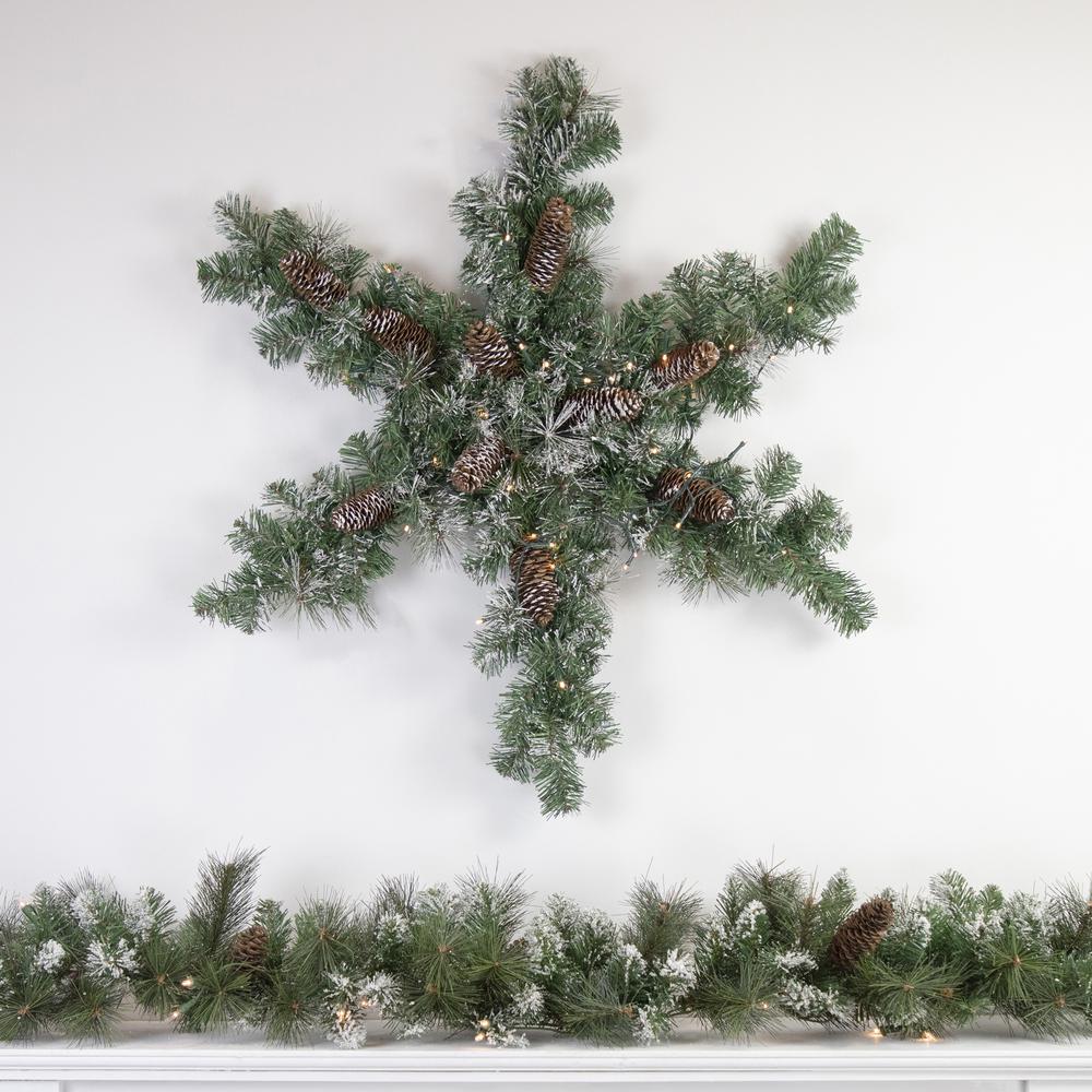 32" Pre-Lit Artificial Frosted Mixed Pine Christmas Snowflake Wreath. Picture 2