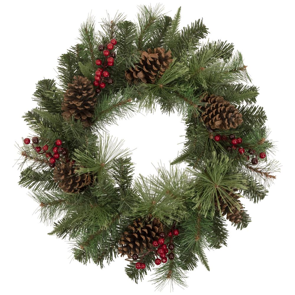 24" Pre-Lit Artificial Mixed Pine and Berries Christmas Wreath. Picture 1
