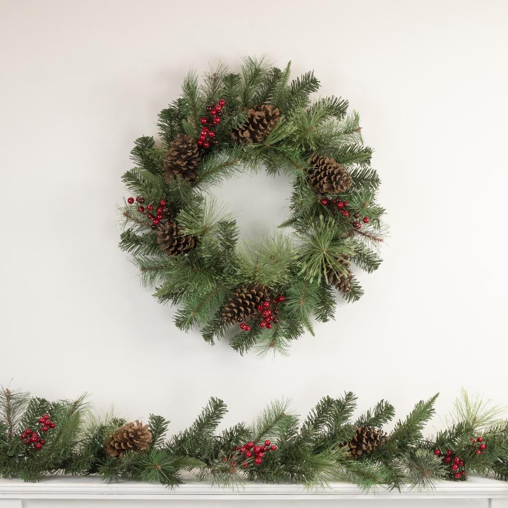 24" Pre-Lit Artificial Mixed Pine and Berries Christmas Wreath. Picture 2