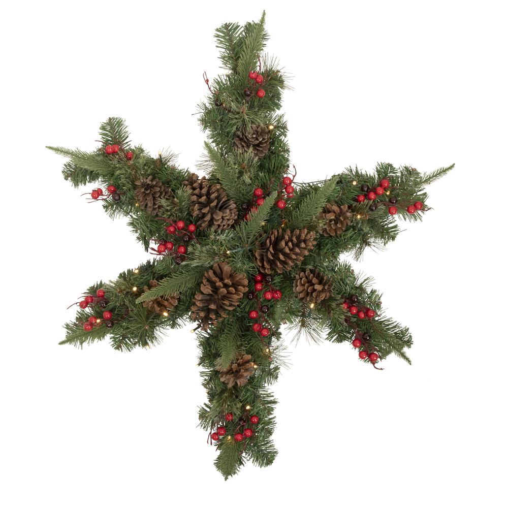 32" Pre-Lit Artificial Mixed Pine and Berries Christmas Snowflake Wreath. Picture 1