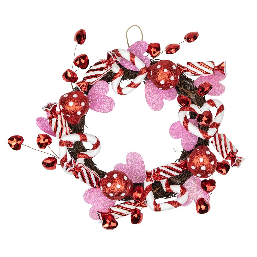 Red and White Candies and Hearts Valentine's Day Wreath  16-Inch  Unlit. Picture 2