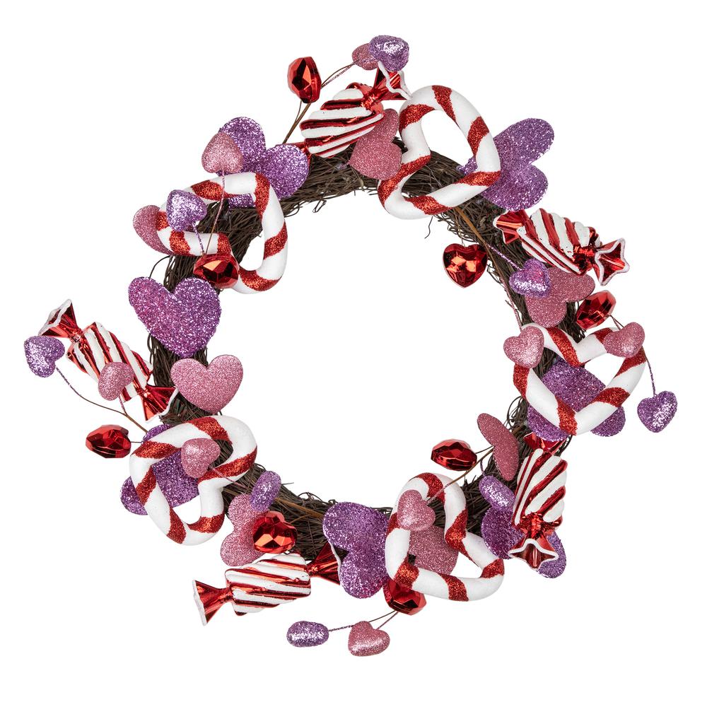 Pink and Purple Candies and Hearts Valentine's Day Wreath  16-Inch  Unlit. Picture 2