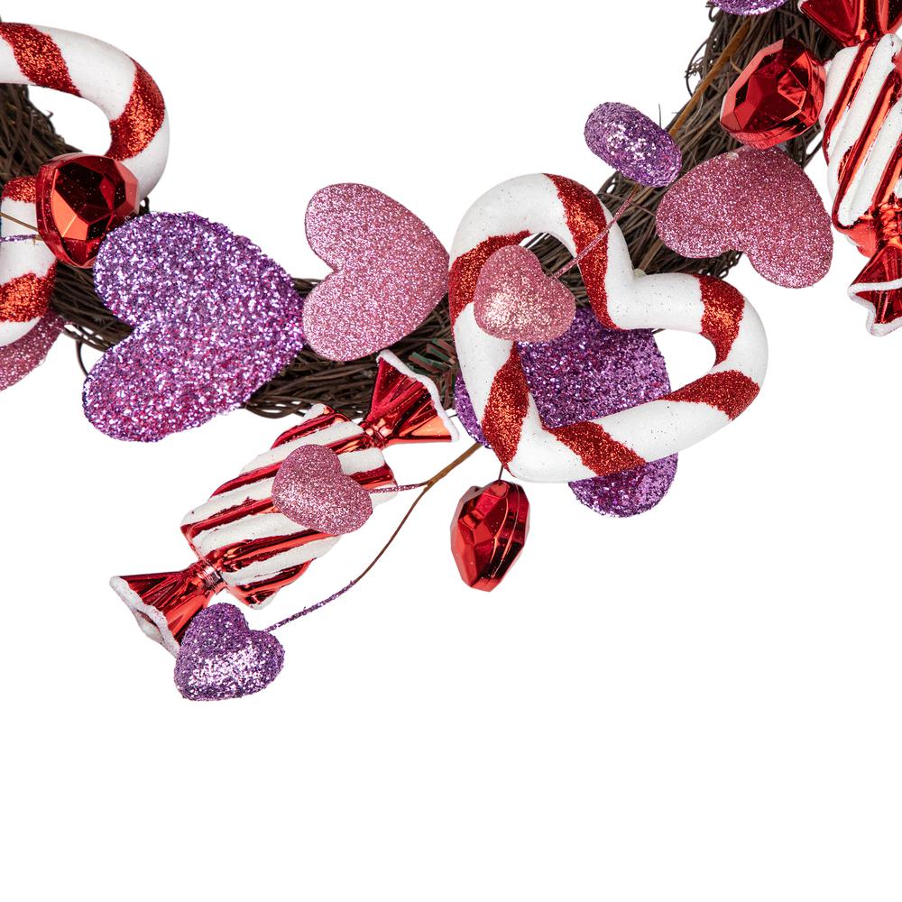 Pink and Purple Candies and Hearts Valentine's Day Wreath  16-Inch  Unlit. Picture 3