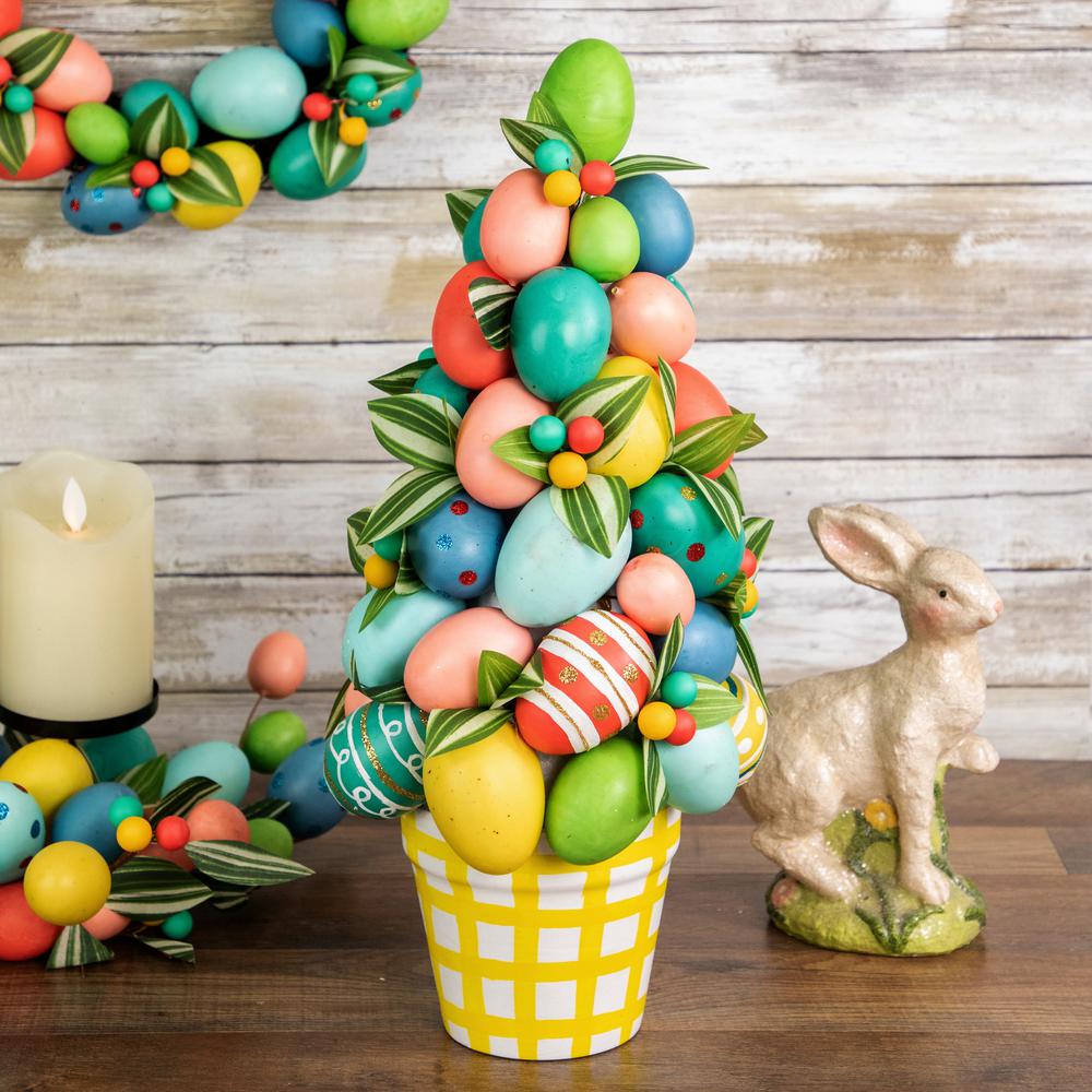 17" Colorful Easter Egg Tree in Yellow Gingham Pot. Picture 2