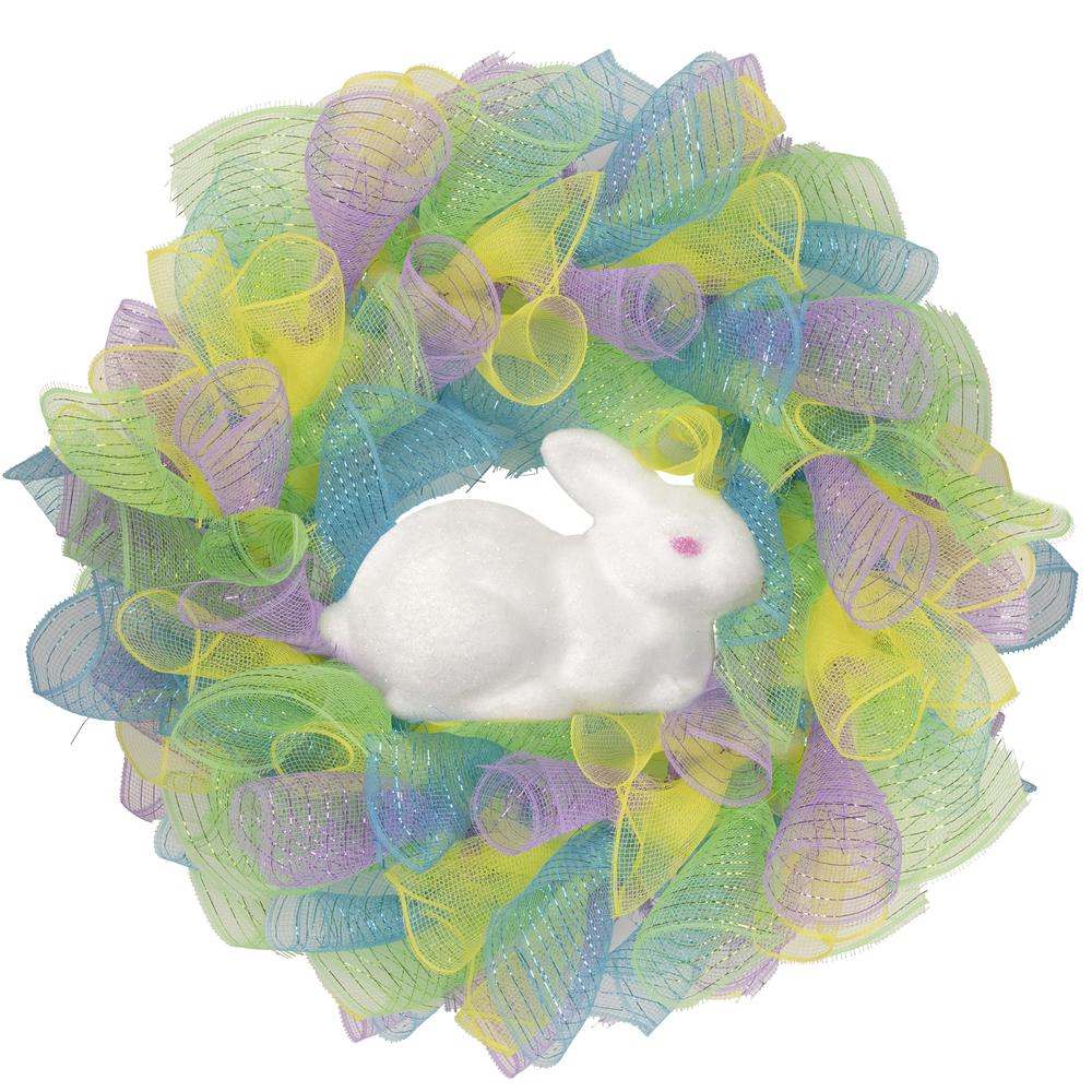 Colorful Deco Mesh Ribbon Easter Bunny Wreath, 24-Inch, unlit. Picture 1