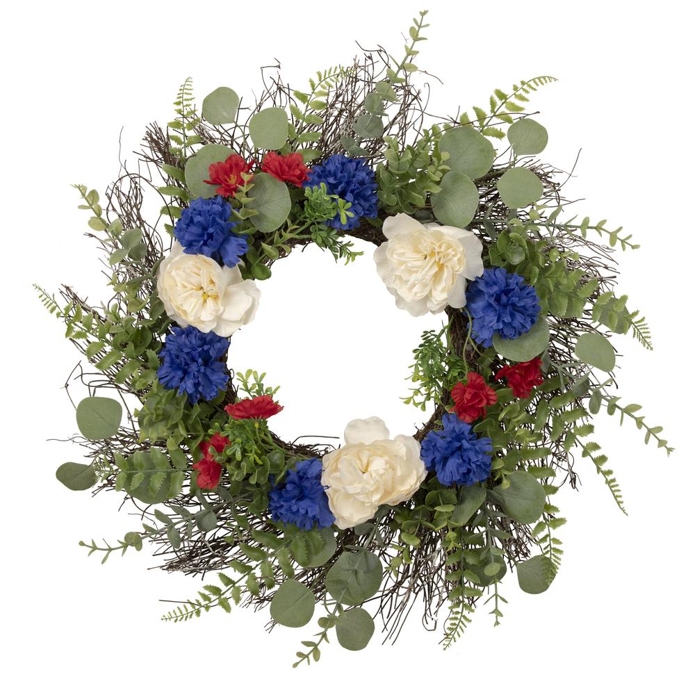 Americana Mixed Foliage and Florals Patriotic Wreath  24-Inch  Unlit. Picture 1