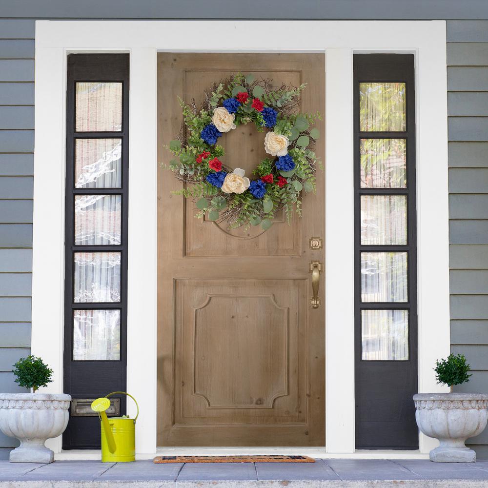 Americana Mixed Foliage and Florals Patriotic Wreath  24-Inch  Unlit. Picture 2