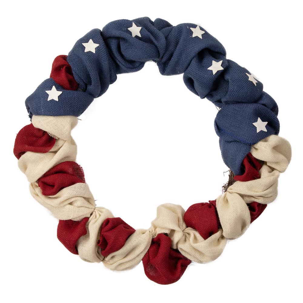 Americana Stars and Stripes Burlap Patriotic Wreath  20-Inch  Unlit. Picture 1