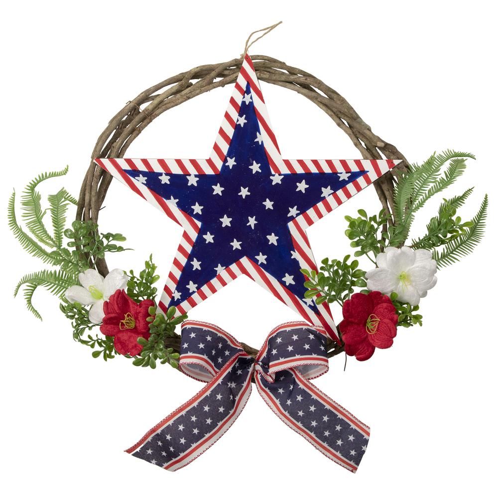 Americana Star and Mixed Floral Patriotic Wreath  24-Inch  Unlit. Picture 1