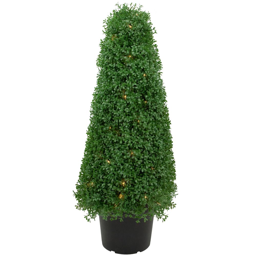 3' Pre-Lit Artificial Boxwood Cone Topiary Tree with Round Pot  Clear Lights. Picture 1