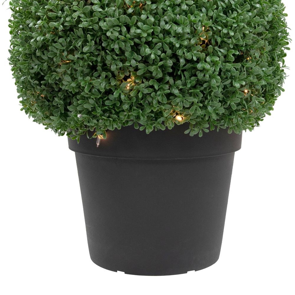 20" Pre-Lit Artificial Boxwood Ball Topiary in Round Pot  Clear Lights. Picture 2